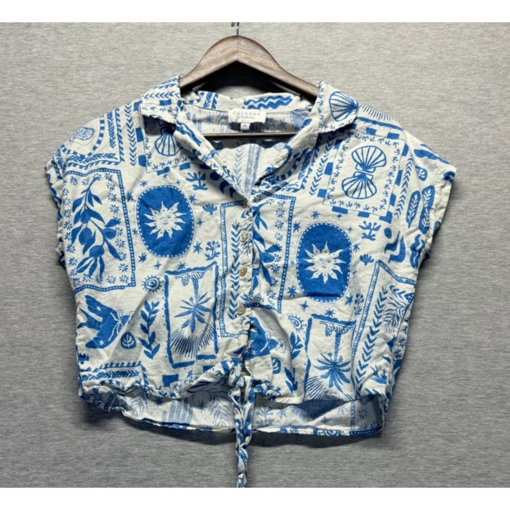 Calypso St. Barth Blouse Top Womens M White Blue Tile Motif Print Button Front
